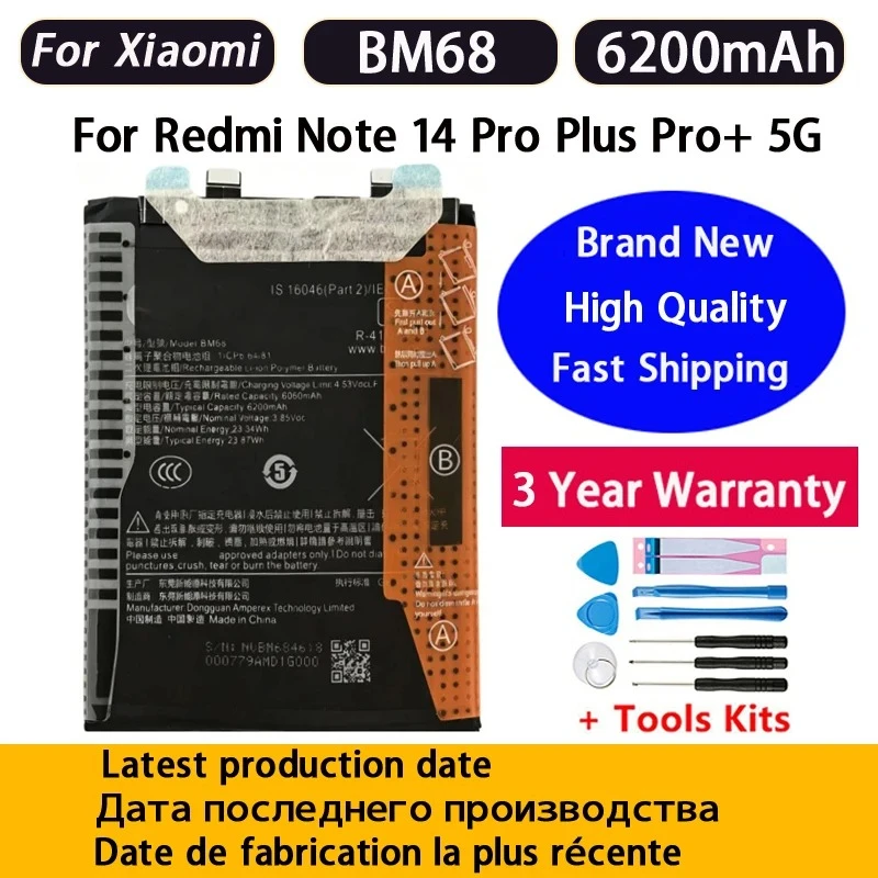100% BM68 6200Mah For Xiaomi Redmi Note 14 Pro Plus Note14 Pro+ 5G Mobile Phone Battery Batteries Bateria Batterij+Tools