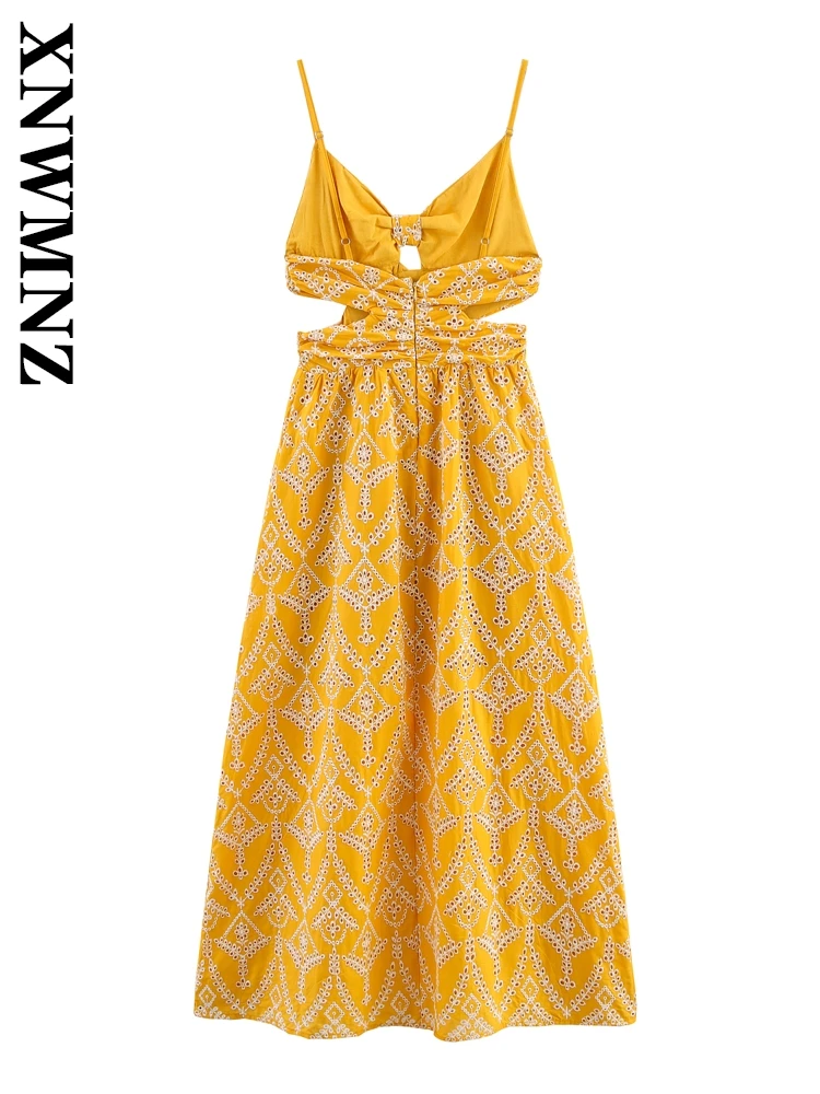 XNWMNZ 2025 verano mujer Chic vacaciones delgada correa de hombro hombro midi vestido boho Sexy mujer dorado sin mangas vestidos simples