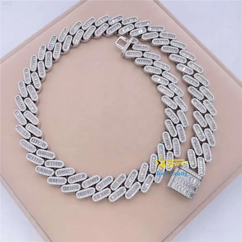 

Bling 18mm Width Hotsale 925 Silver Hip Hop Jewelry Moissanite Diamond Iced Out Custom Baguette Cuban Link Chain