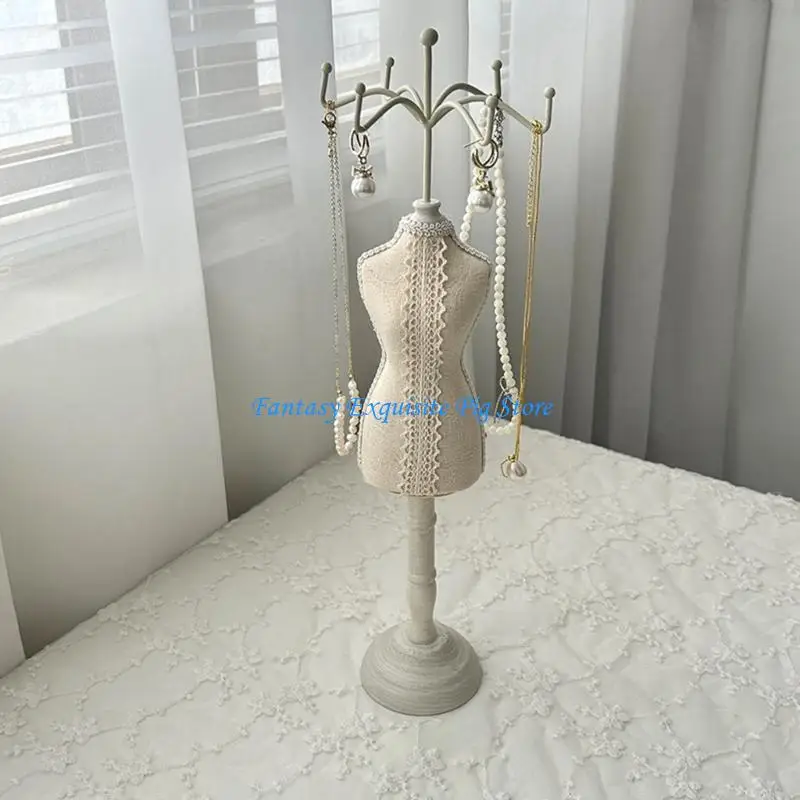 

Modern Lace Enhanced Wooden Necklace Exhibition Stand Secure Display For Fine Accessories