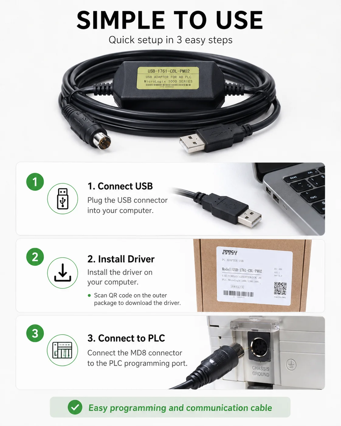 USB-1761-CBL-PM02 3M PLC Programming Cable, CH340 USB to MD8 Communication Lead for AB MicroLogix 1000 1200 1400