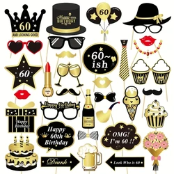 34pcs Black Gold Birthday Photo Props for 60th Birthday Boys and Girls Party Decoration Props