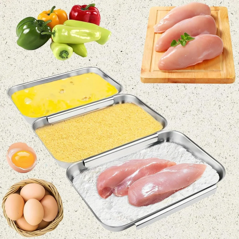 3Pcs Stainless Steel Seasoning Tray Set with Interlocking Design for Barbecue Food Serving Plates and Oven Safe