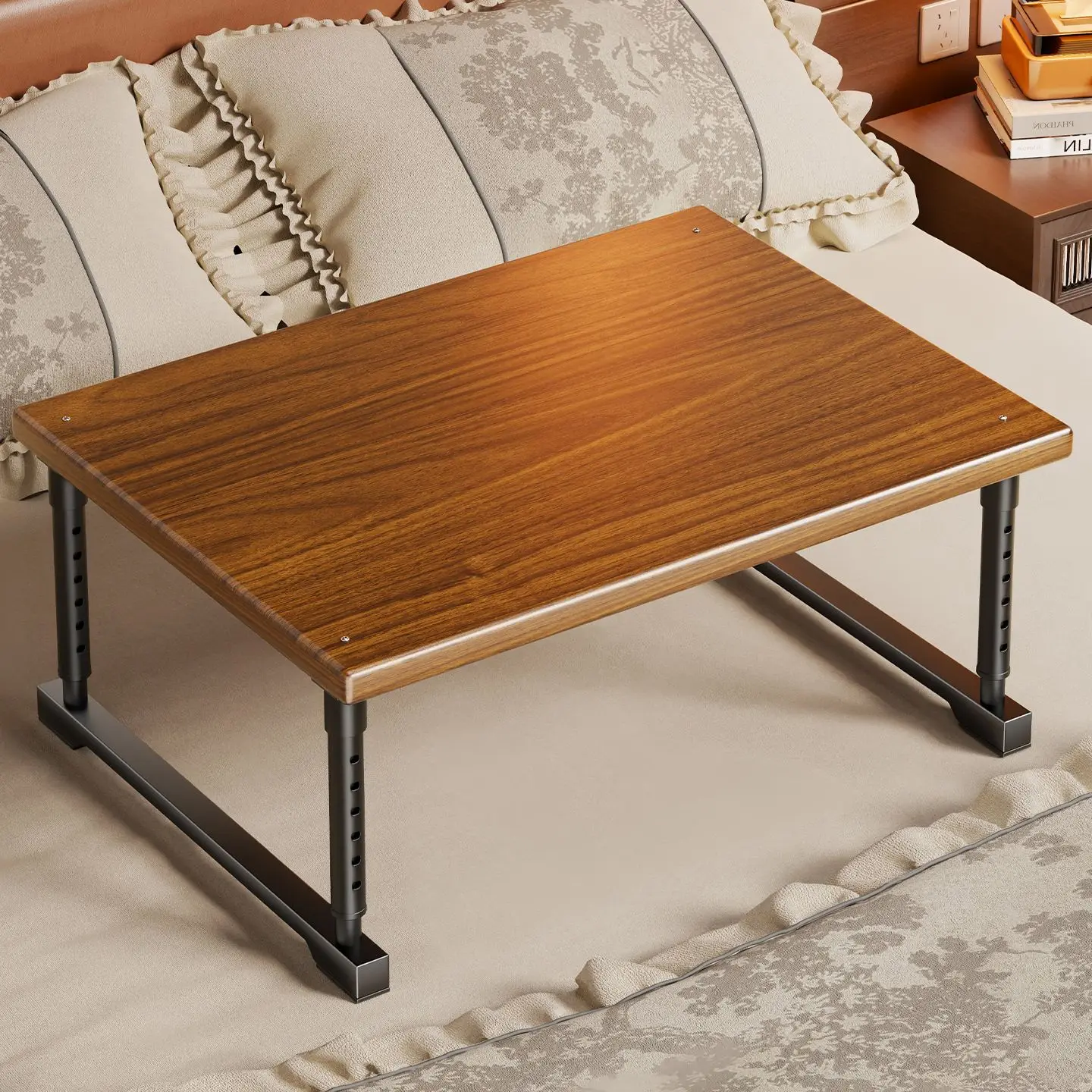 Height Adjustable Walnut Wood Laptop Desk Portable Foldable Bed Table For Bedroom Office Study Dorm Adults Kids Sturdy Metal