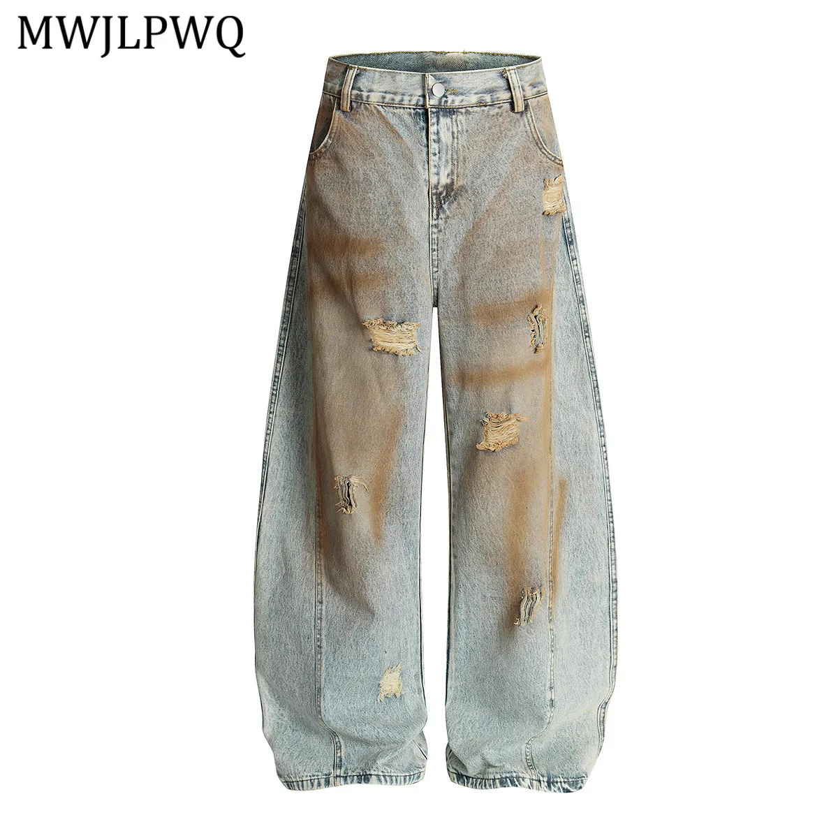 

MWJLPWQ Американские джинсы High Street Dirty Dye, мужские потертые дырки, широкие брюки в стиле хип-хоп Machete, осень 2023, 20930