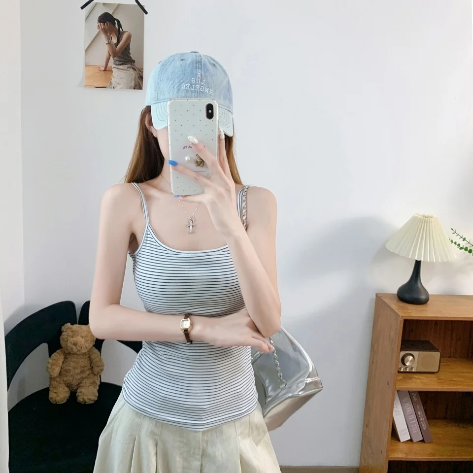 Summer New Pure Desire Stripe Print Patchwork Strap Vest Women's Slim Fit Integrated Chest Pad Short Top Nylon Fabric U-Neckline