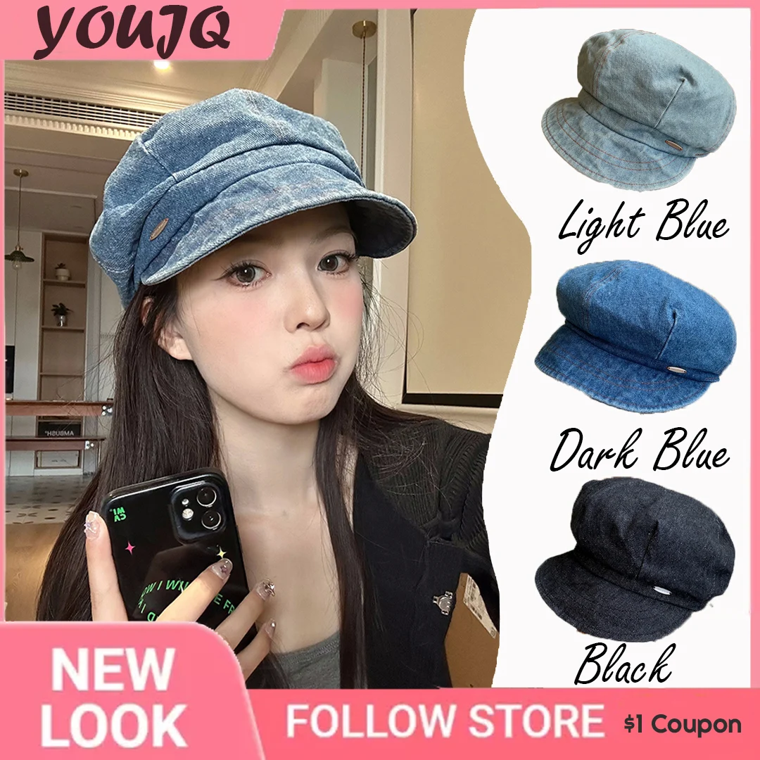 

INS Women Denim Beret Octagonal Hats Classic Retro Newsboy Beret Hat Flat Brim Female Spring Painter Berets Mushroom Cap Bonnet