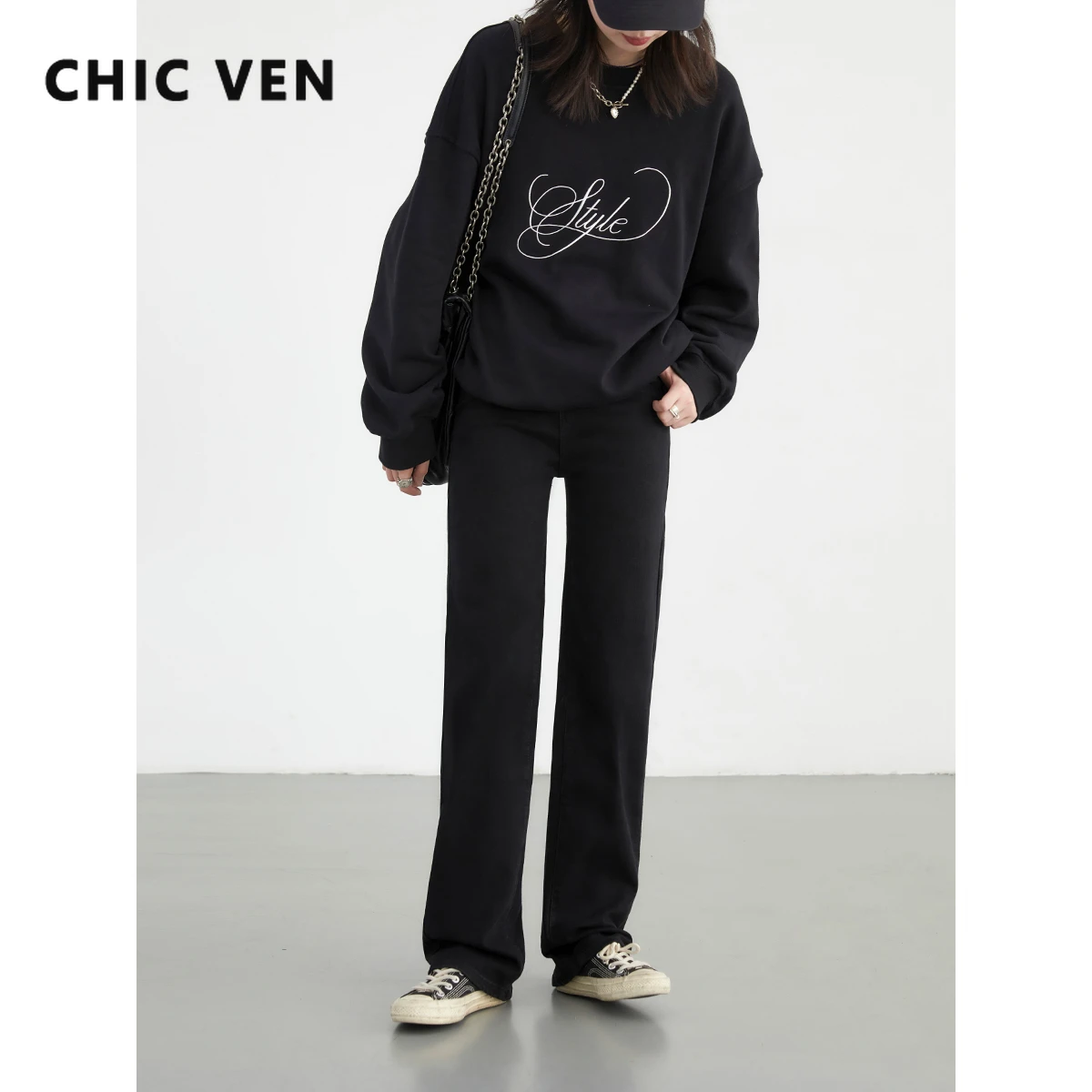 

CHIC VEN Women Pants High Waist Solid New Casual Black Slim Jeans Straight Leg Long Female Trousers Autumn 2024