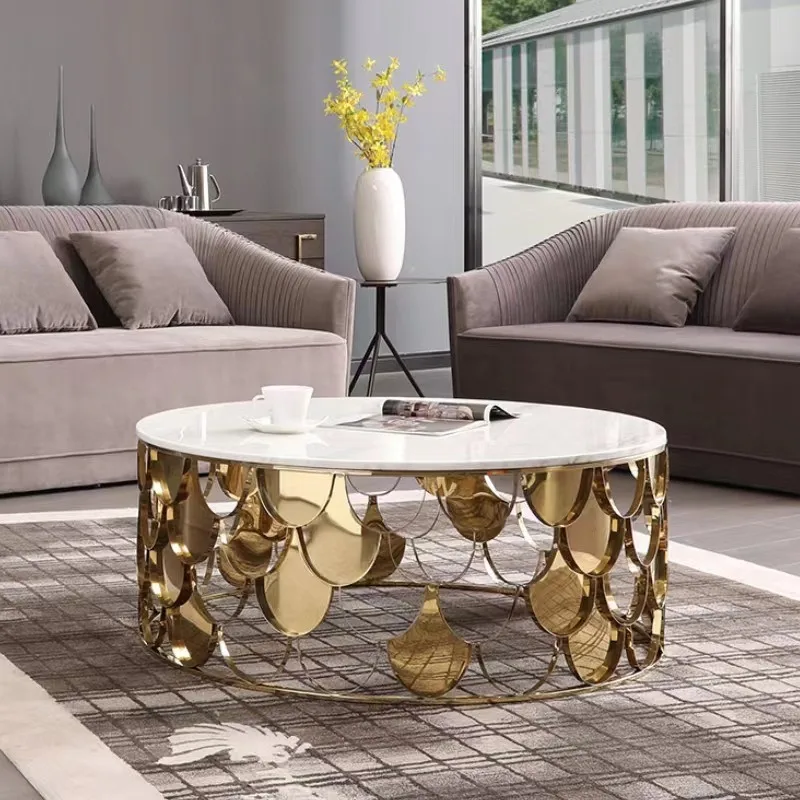 Fish coffee table round living room villa creative small apartment stainless steel Hong Kong-style marble round coffee table,