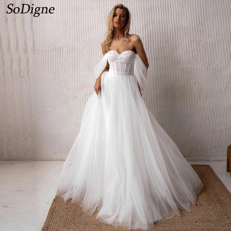 

SoDigne A-line Tulle Wedding Dresses Sweetheart Off Shoulder Pearls Bridal Dress Long Elegant Wedding Gown Custom Made