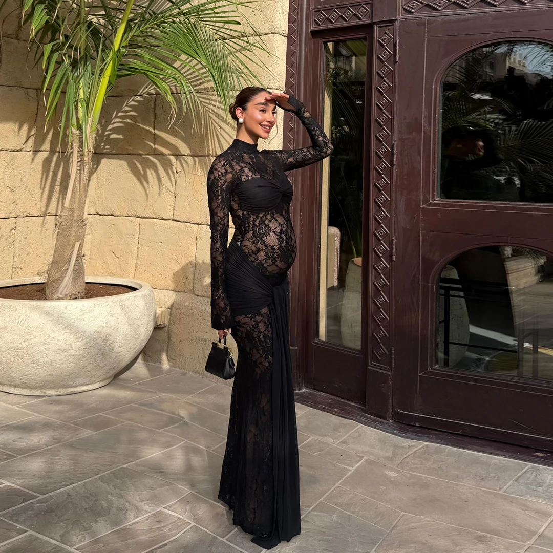 

Sexy Black Lace Maternity Evening Gown Long Sleeve Mermaid Pregnancy Dress Elegant Baby Shower Party Photo Shoot Dress Pregnant