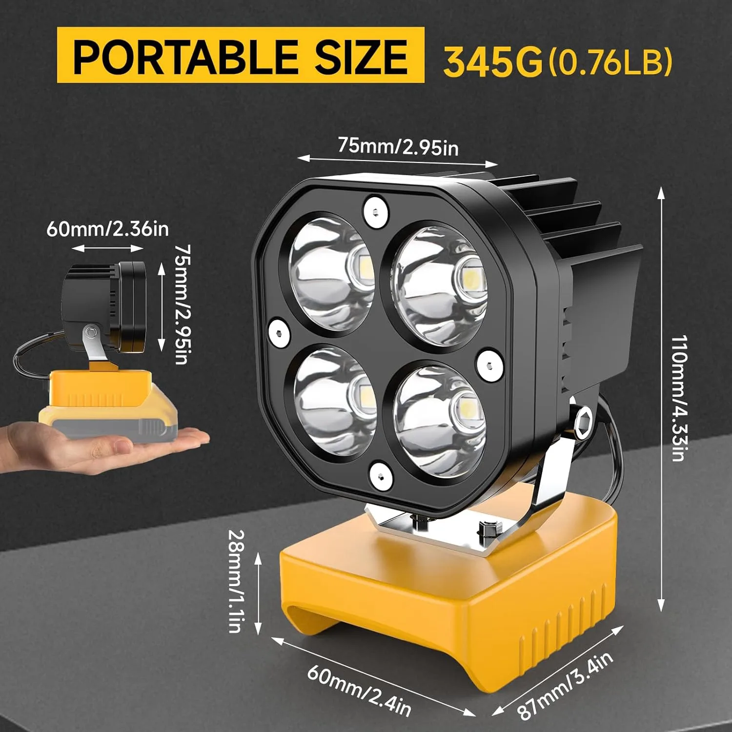 Work Light For Dewalt 20V Battery,40W 6000LM Flashlight,Flood Light,20V Battery Cordless Work Light 120°Adjustable