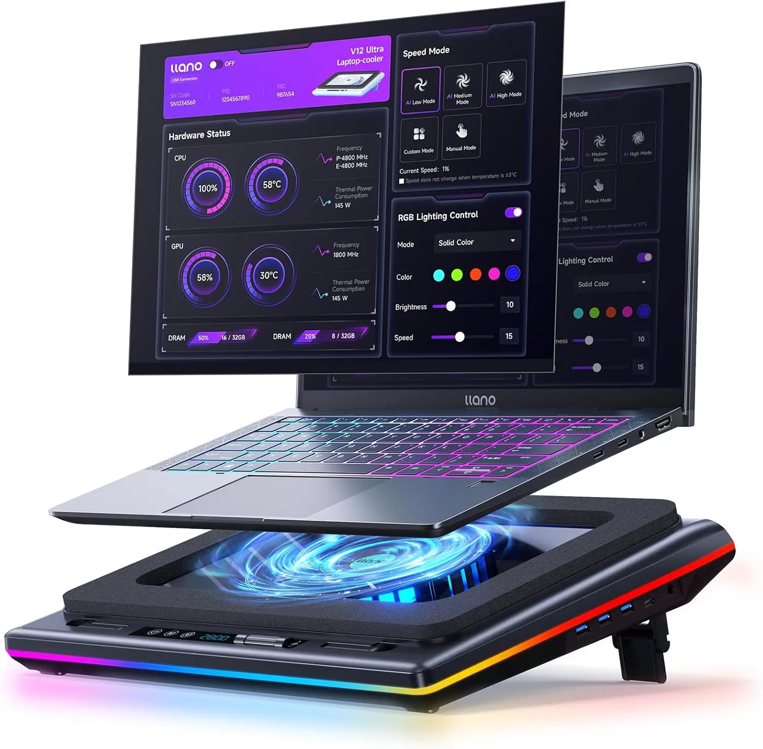 

V12 Ultra Laptop Cooling Pad with Smart Control, RGB Gaming Fan, 5.5" Turbo Fan, Adjustable Speed, USB Hub for 15.6"-19" Laptops