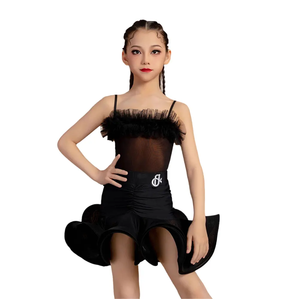 ラテンダンスプロフェッショナルドレスブラックストラップメッシュフィッシュボーンスカートサンバ闘牛娘標準ステージ衣装