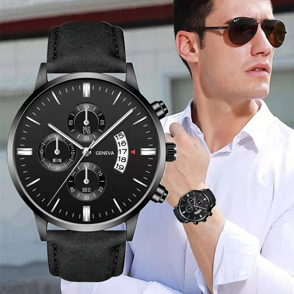 

Men Watch Fashion Sport Wrist Alloy Case Leather Band Quartz Business Wristwatch Calendar Clock Gift