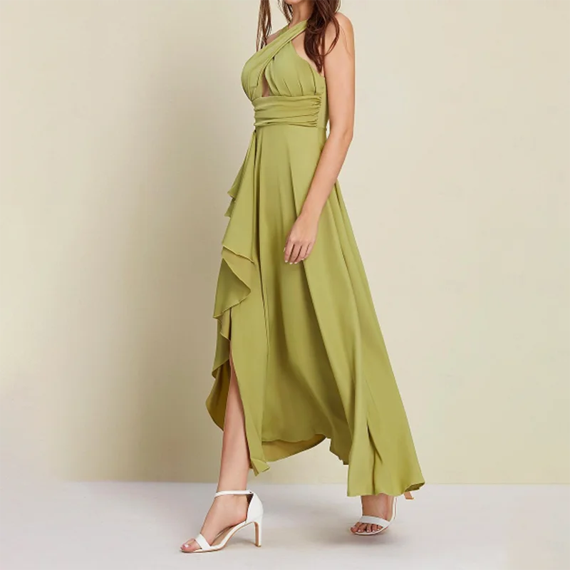 Vestido de cóctel para invitados de boda, fiesta, verde militar, satén, verde, cuello halter, abertura frontal, volantes asimétricos recortados