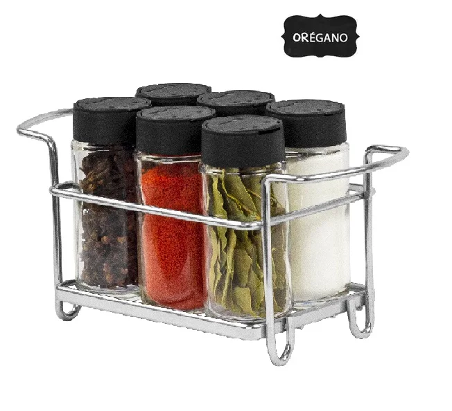 Seasoning Door Condiment 6 Pots Glass Dizing Lid Chrome Holder Organization Kitchen