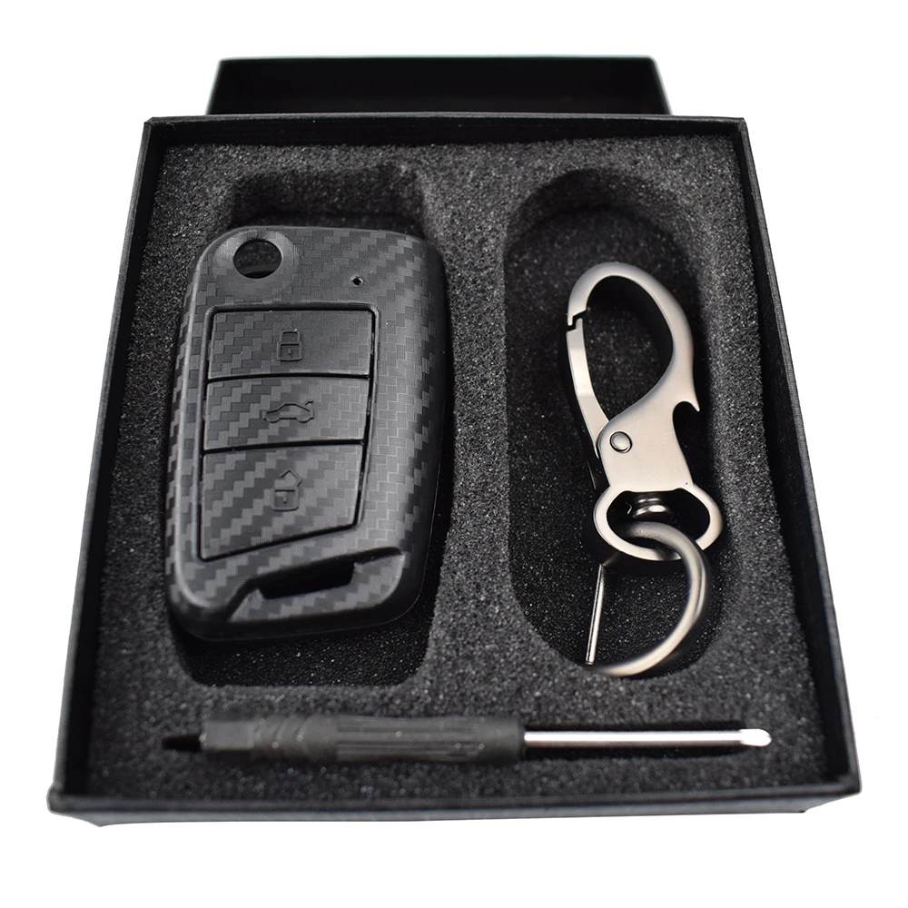 Carbon Fiber Style Remote Key Shell Case Fob For VW Polo Golf 7 Tiguan Skoda Octavia Fabia Kodiaq Key Ring Keychain