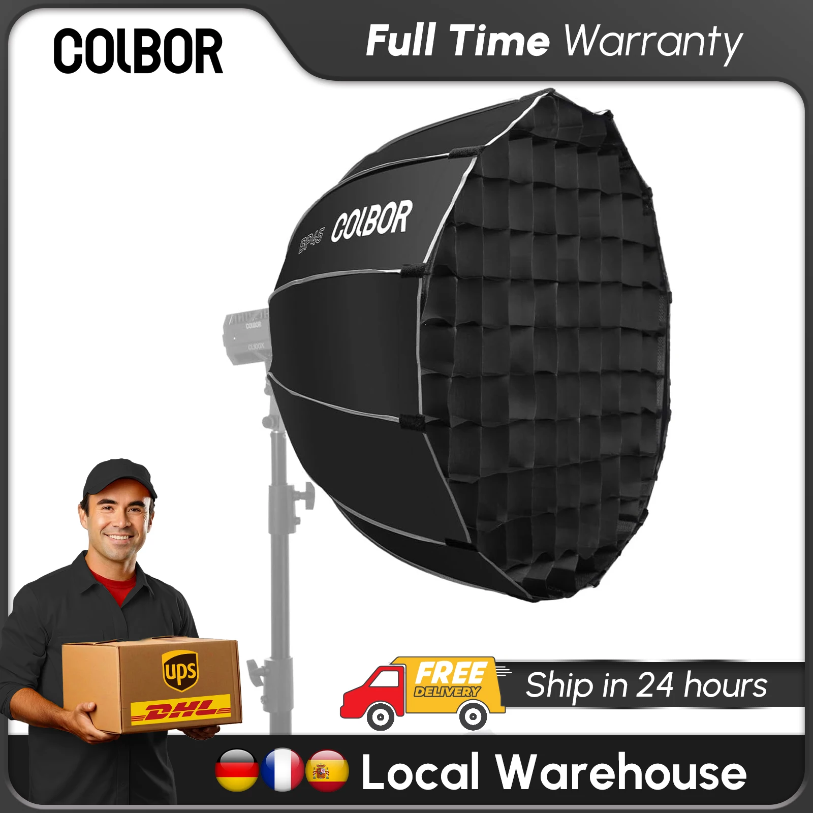 COLBOR 45 cm 65 cm 90 cm Softbox professionali per installazione rapida con griglia a nido d'ape e softbox parabolico con doppio diffusore