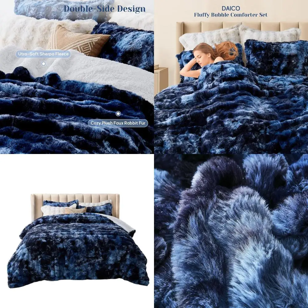 Komplet pościeli Queen Size Tie-Dye Navy z imitacji futra królika: pluszowa, ciepła i przytulna pościel na zimę