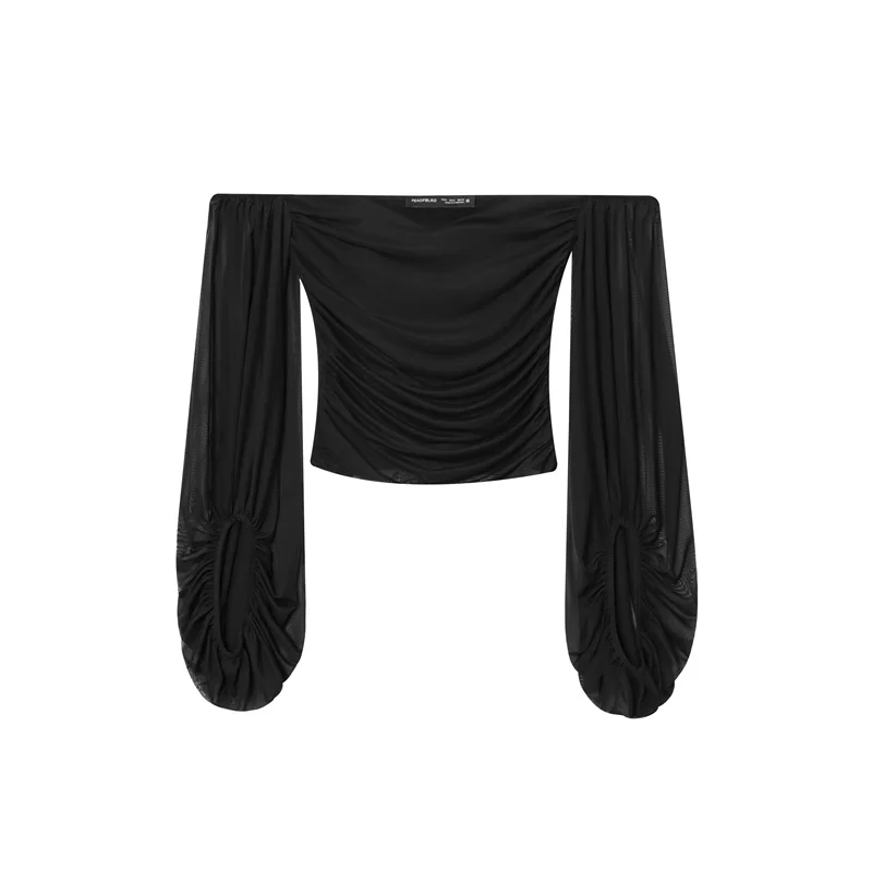 

Women's Top 2025 Autumn New Arrival Black Long-Sleeve Off-Shoulder Draped Top Sexy Fashionable Unique Energetic