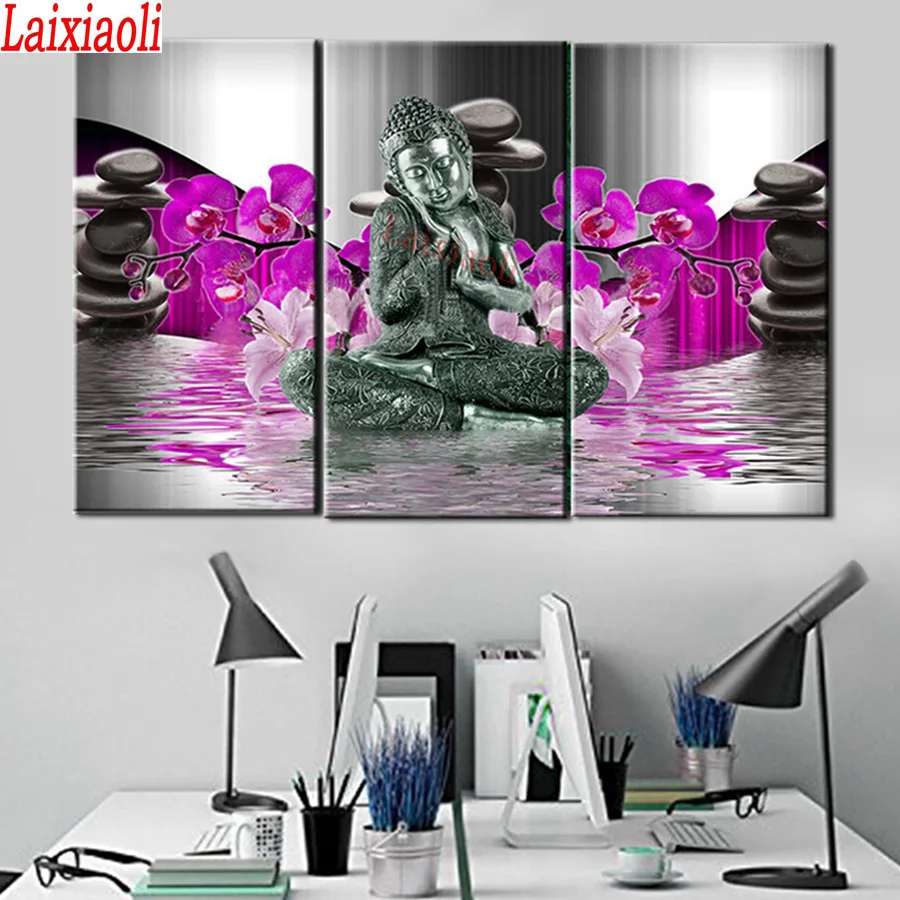 

3 pcs Diamond painting purple orchid stones buddha religion icon diamond mosaic,diamond embroidery cross stitch Mural China art