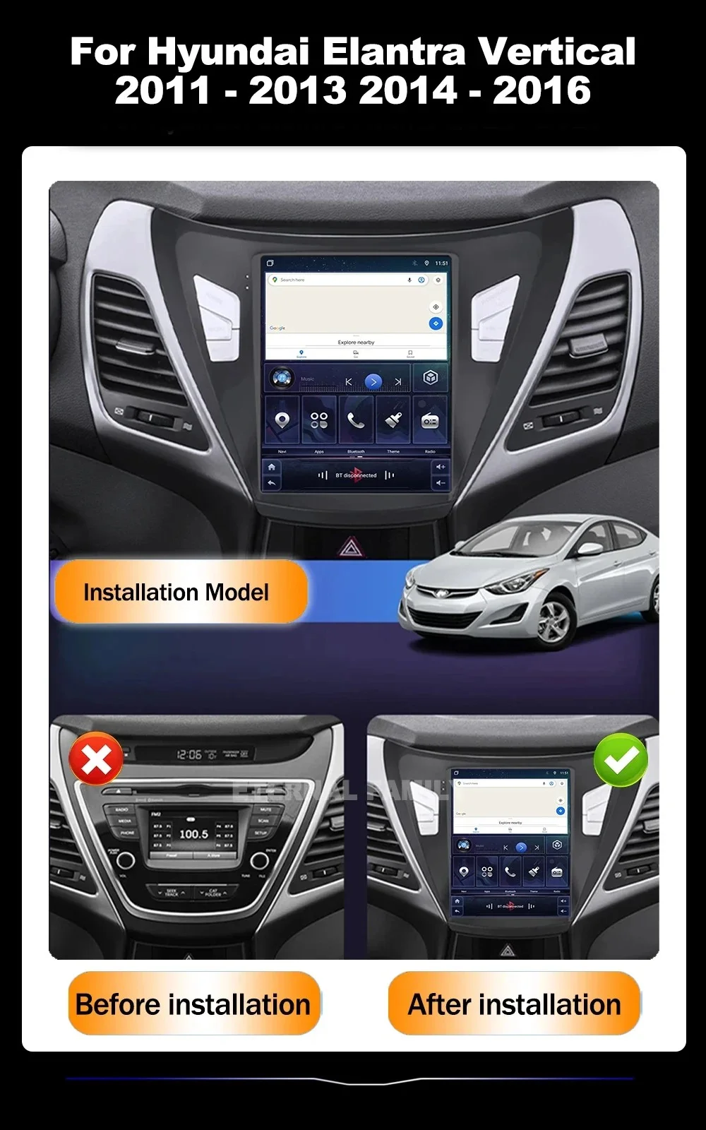 Android 16 For Hyundai Elantra Vertical 2011-2016 9.7 inch Car Radio Wireless CarPlay WiFi Auto GPS Navigation Multimedia Stereo