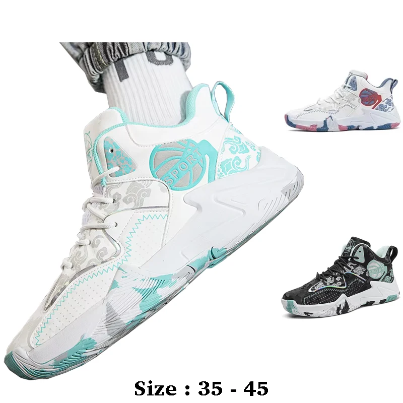 

Высококачественная повседневная кожаная спортивная обувь для мужчин с принтом, новинка 2025 года, размер 35, 44 45, уличные баскетбольные кроссовки для бега, сине-зеленые