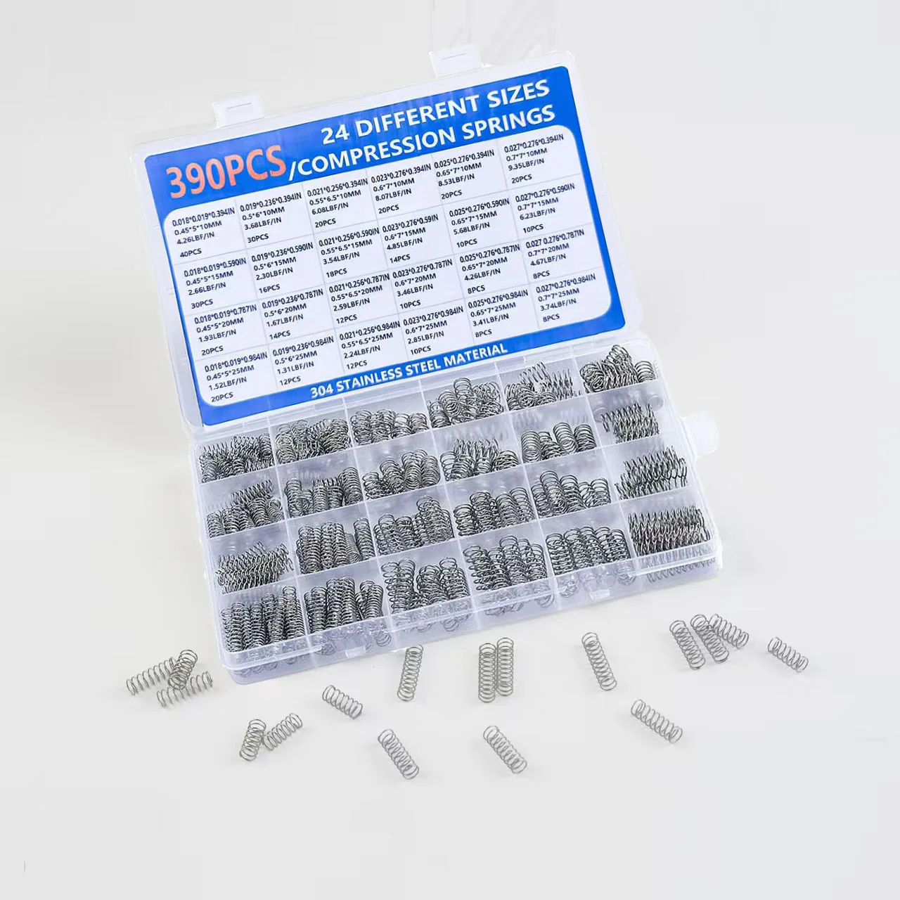 

10mm-25mm Length Compression Spring Assortment Kit,390 Pieces of 24 Different Sizes,304 Stainless Steel Spring Combination Set