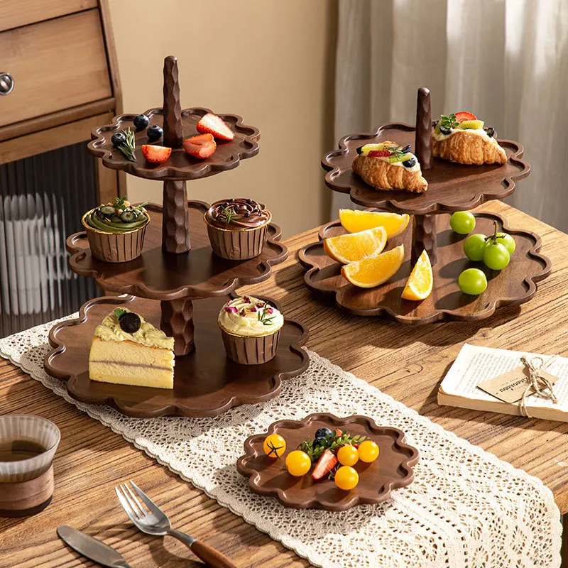 

Wooden dessert coffee cake plate Japanese solid wood tray high appearance level lace household fruit plate for holiday
