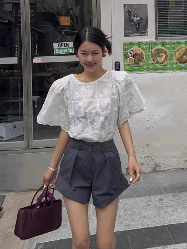 

Liangliang Design Heavy Embroidery Lace ort Sve irt Women Summer New Vintage Loose Korean Sle round Ne Top