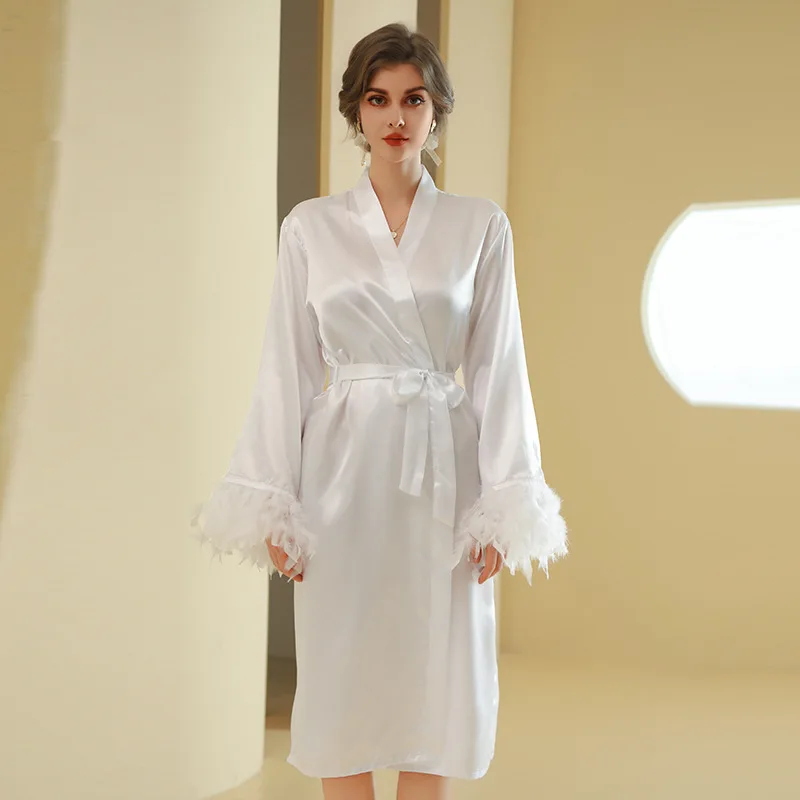 Feather Kimono Bathrobe Lady Satin Nightwear Lounge Sleepwear Sexy Nightdress Bride Wedding Morning Gown Women Casual Nightgown