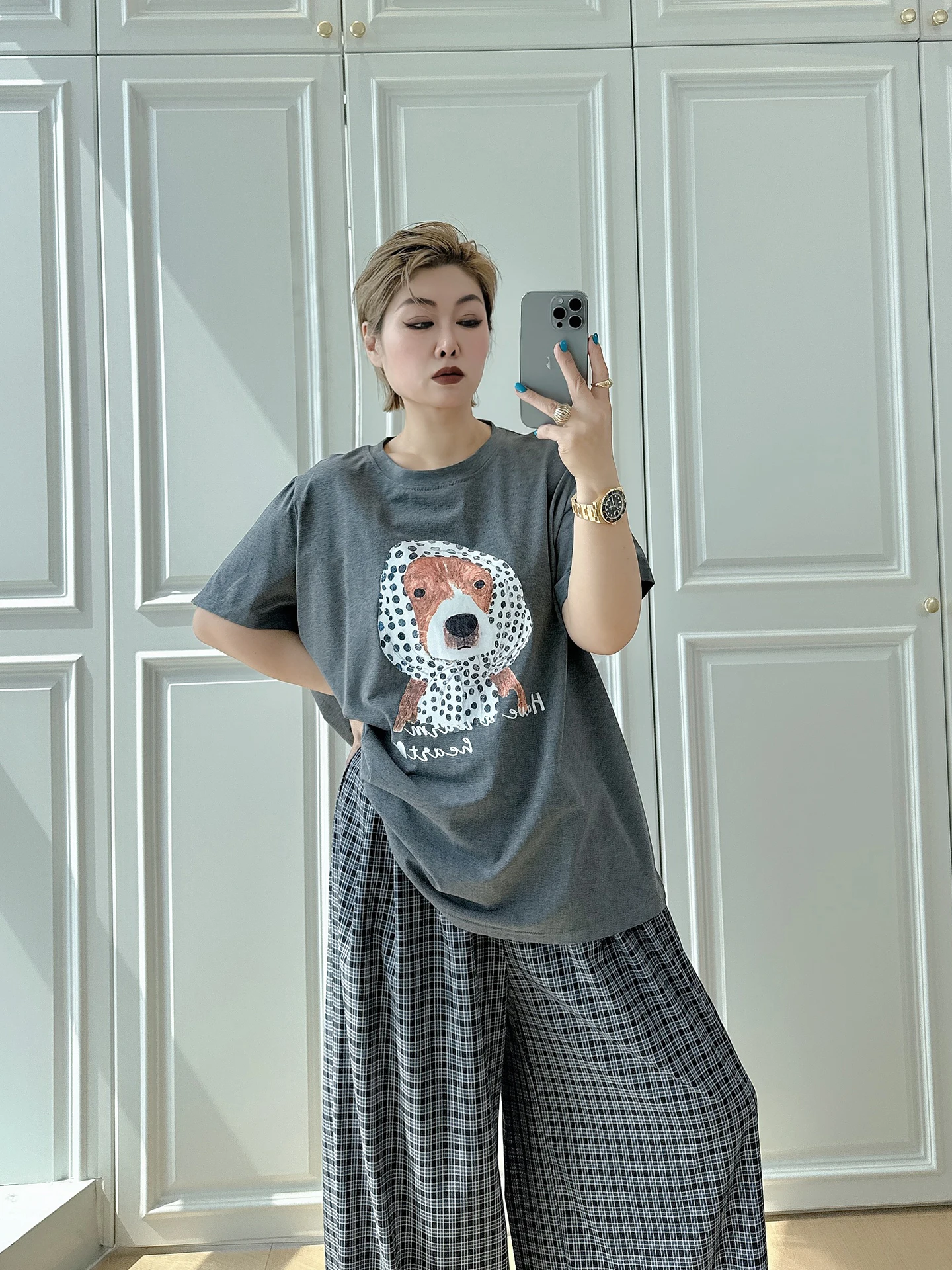 

Korean Style Short Sleeve T-Shirt plus Size Women's Casual Fashion Conceal Meat 200 Pounds Fat MM Slimming Leisure Trendy Top