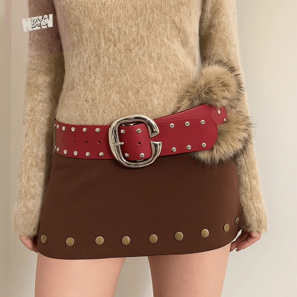 Fashion Rivet Leather Fur Belt Faux Fur Punk Y2K Waistband Retro Western Style Plush Belt Women