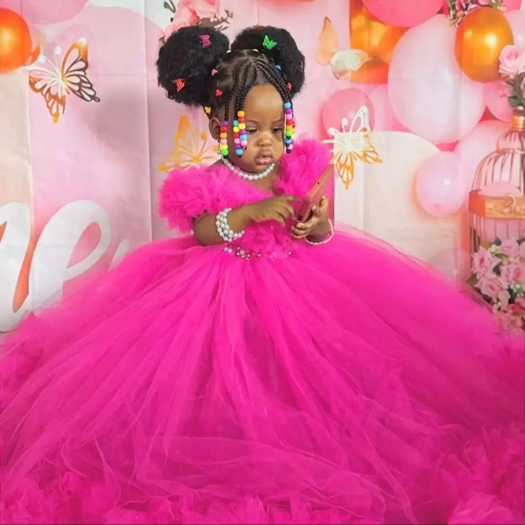 

Hot Pink Flower Girl Dresses for Wedding Beaded Ruffles Tulle First Communion Gowns Baby Girl Birthday Ball Gowns Customized