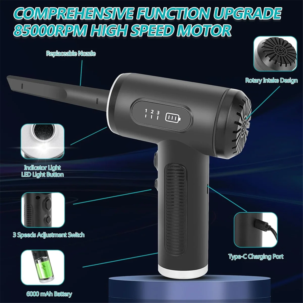 Dépoussiéreur à air comprimé électrique, dépoussiéreur sans fil, aspirateur, souffleur, 3 vitesses réglables, 2 en 1