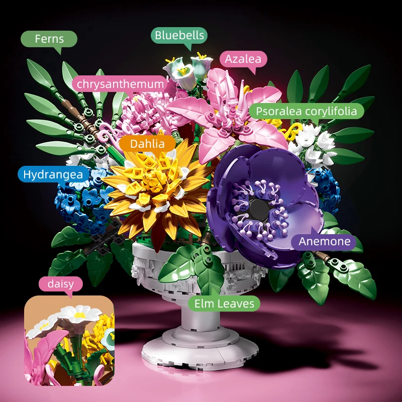 

JJ9234 building blocks potted flower bouquet ornaments, simulated flower model assembly, girl's birthday toy flower gift