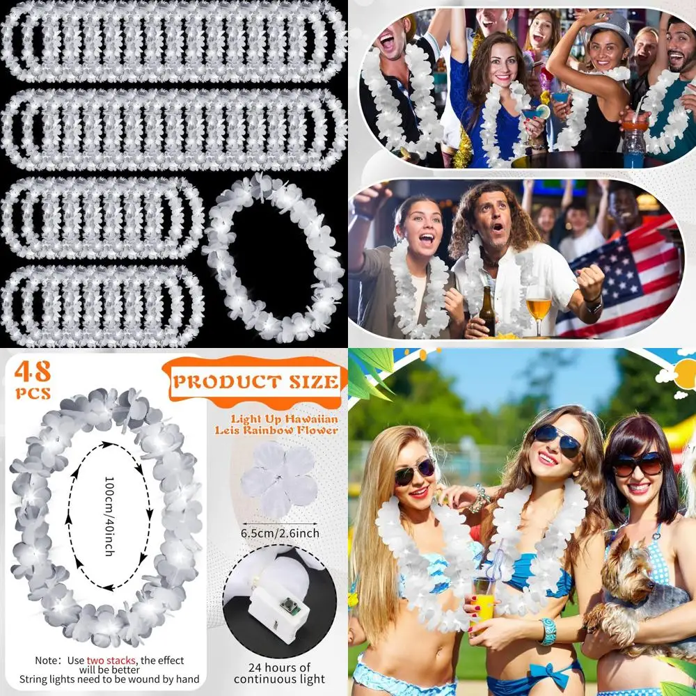 

LED Hawaiian Flower Leis Necklaces, 48pcs, Light Up Luau Accessories for Masquerade Beach Weddings