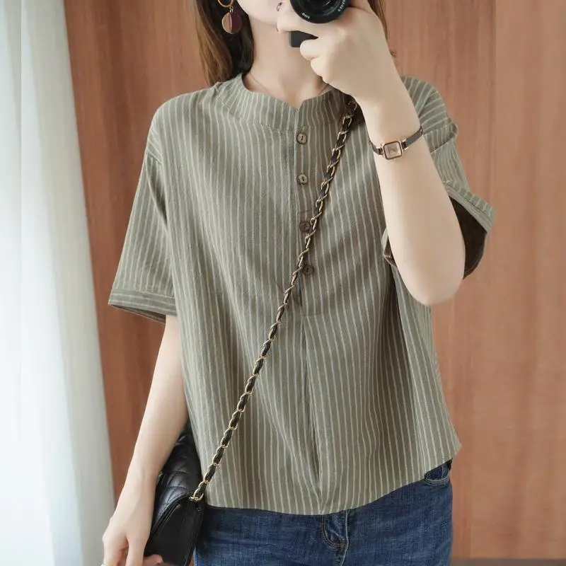 Women Summer Simplicity Loose Striped Cotton and linen O-neck short sleeve Shirts Ladies office Lady All-match Appear thin tops