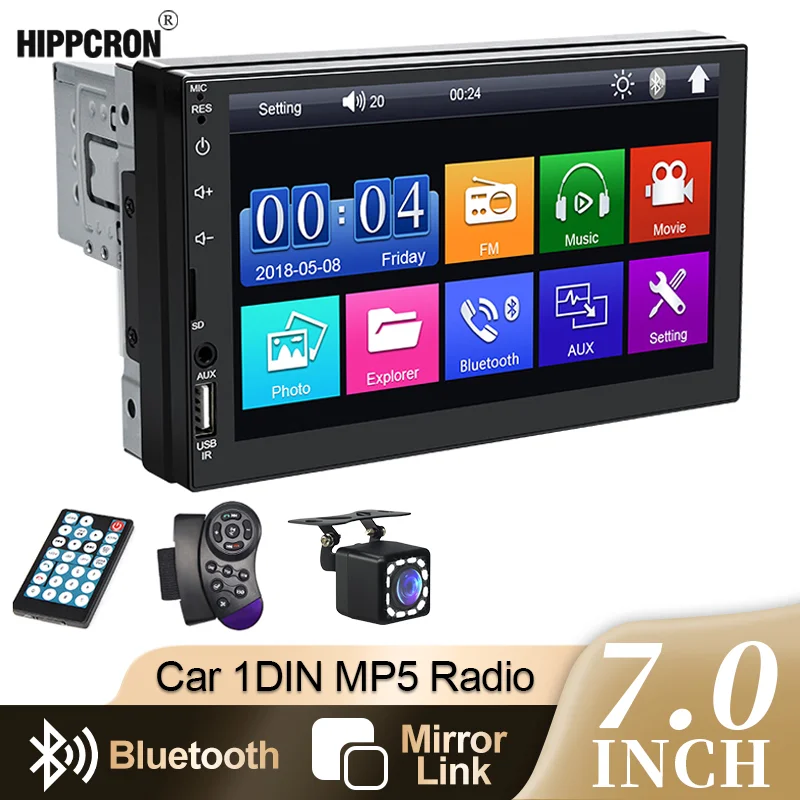 

Hippcron 7-дюймовый 1 Din автомобильный радиоприемник MP5 Мультимедийный плеер HD Сенсорный экран FM ISO Power Aux Вход Bluetooth Mirror Link Универсальный