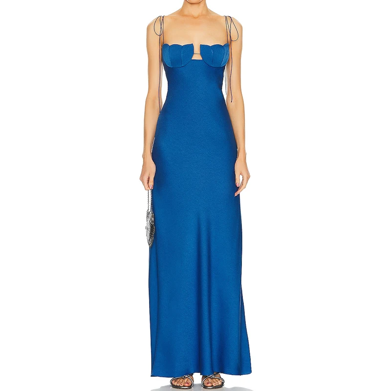 Sexy V-ausschnitt Hohl Spitze-Up Abendkleid Frauen Mode Hohe Taille Schlank Solide Party Kleid Elegante Ärmellose Satin Lange kleider