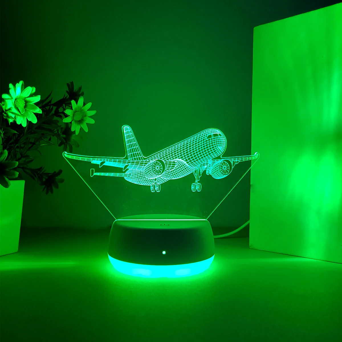 1 قطعة ضوء ليلي ثلاثي الأبعاد للطائرة، مصدر طاقة USB، قاعدة مضيئة، مناسبة لغرفة النوم وغرفة المعيشة، مفتاح لمس، سبعة ألوان.