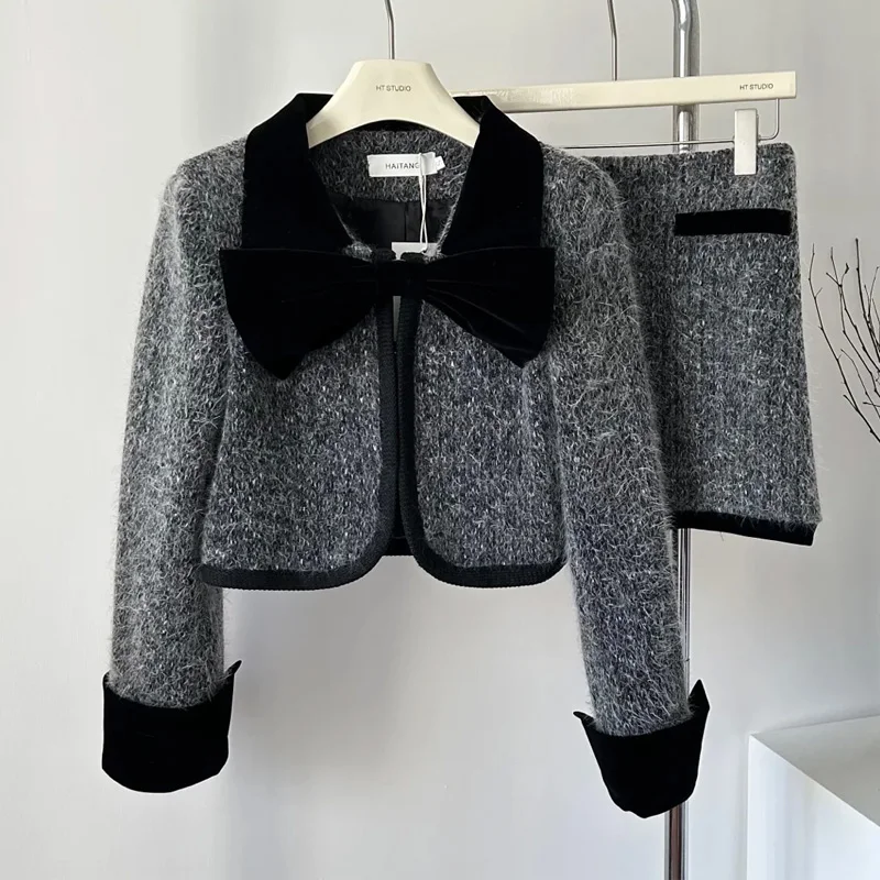 Women Elegant Chic Fragrant Y2K Suit Bow Jacke Coat And Skirt Two Piece Set Outfit Winter Vintage Woolen Prom Party Warm Cloth
