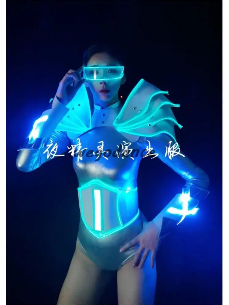 Night Bar Performance Suit Silver Glow LED Future Warrior Technology Armor Dancer Costume