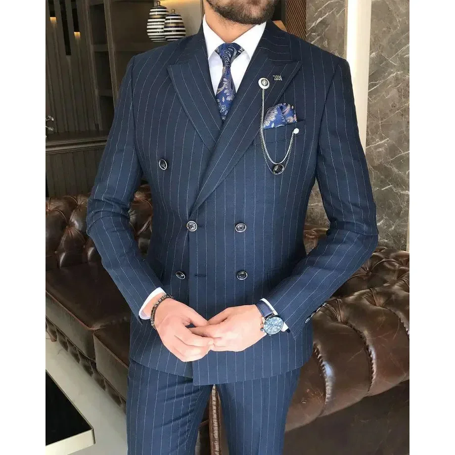 

Navy Blue Striped Suits for Men Two Piece Chic Peak Lapel Double Breasted Formal Business Casual Male Suit Slim (Blazer+Pants)