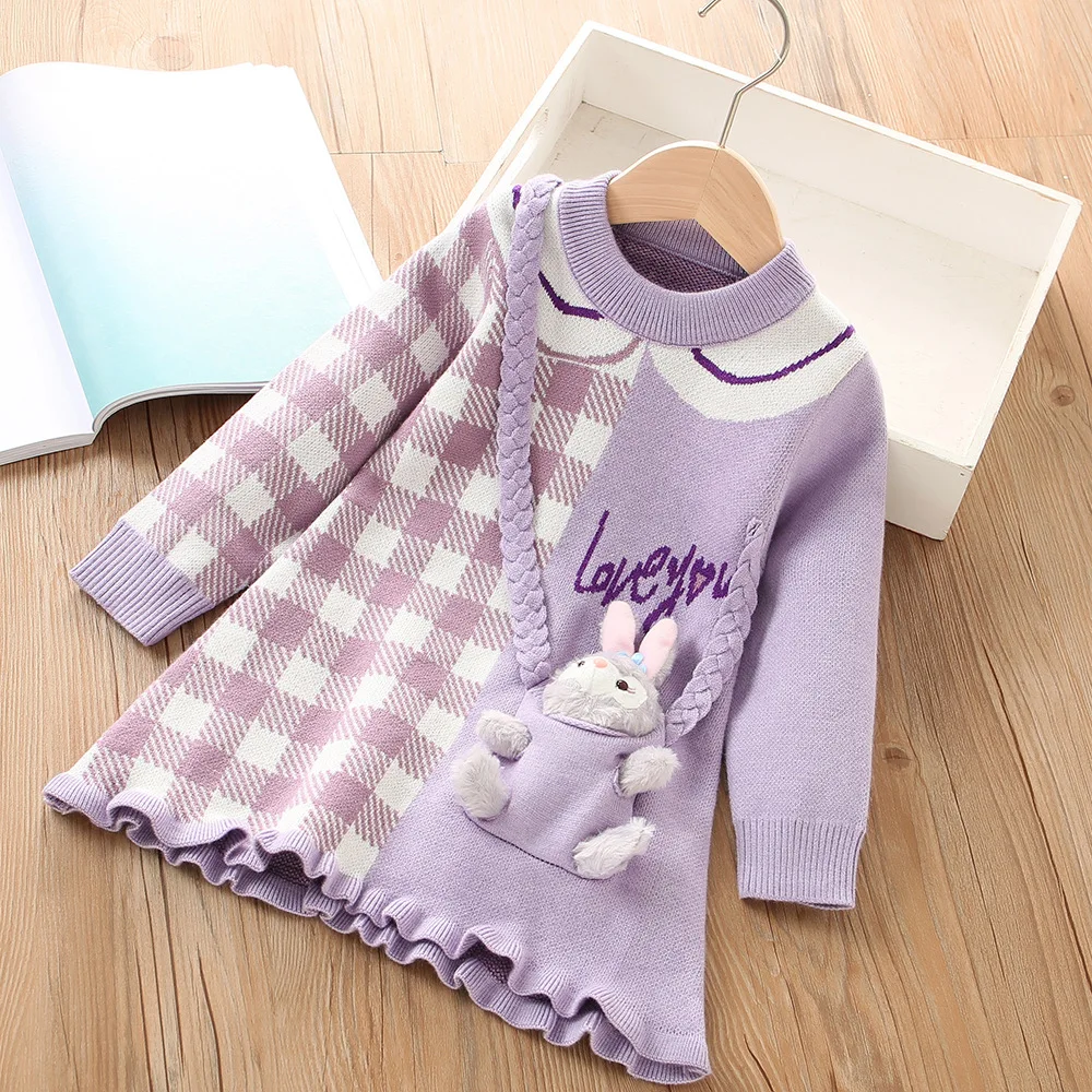 

Disney Girls' Sweater Dress Cute Cartoon Rabbit Purple Patchwork Grid Knitted Skirt 2025 Autumn/Winter New Children's Dress