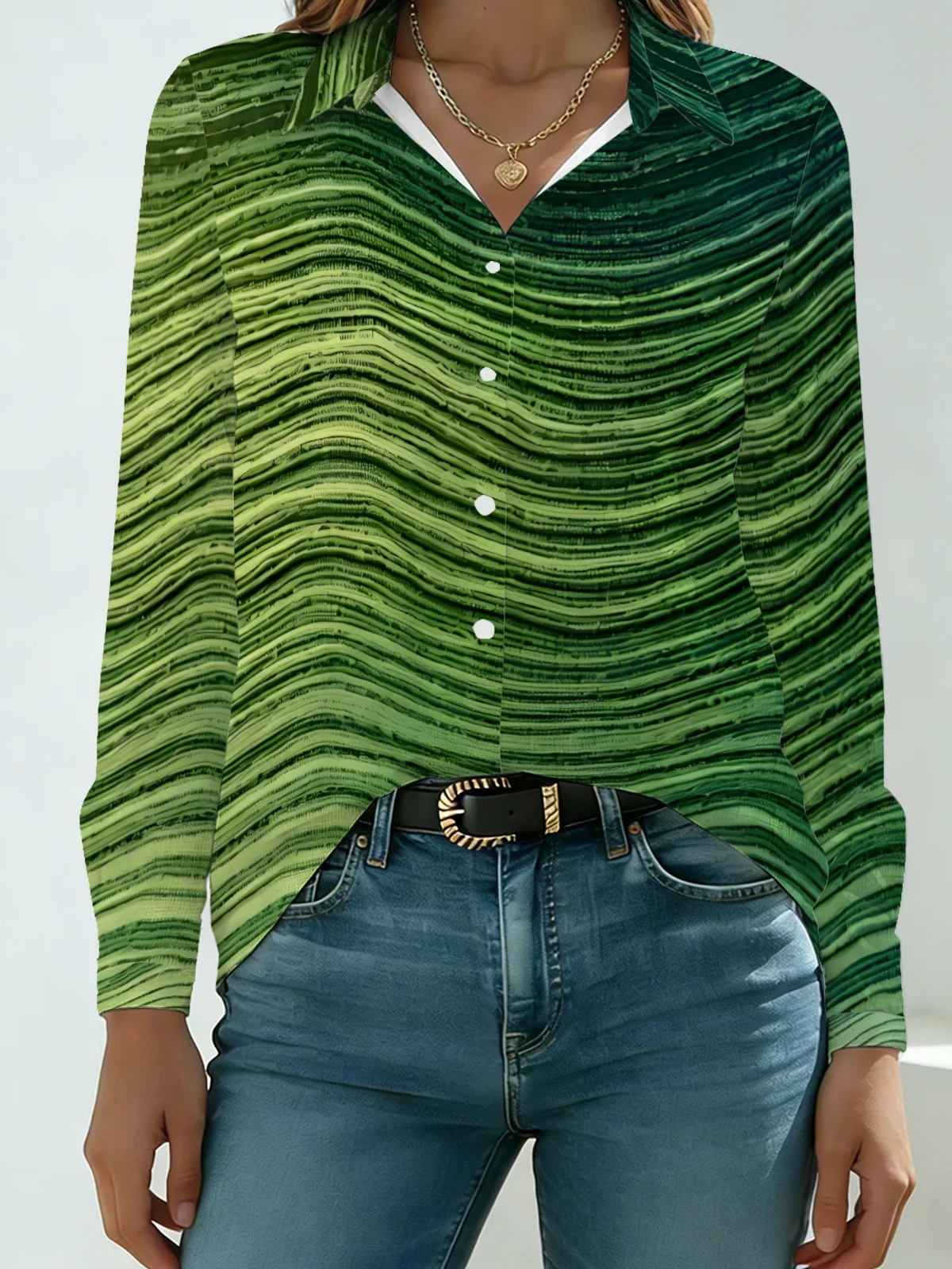 Minimal Office Natural Texture Women Long Sleeve Shirt Gradient Multi Shades Green Wavy Marble Streak Allover Print Daily Work G