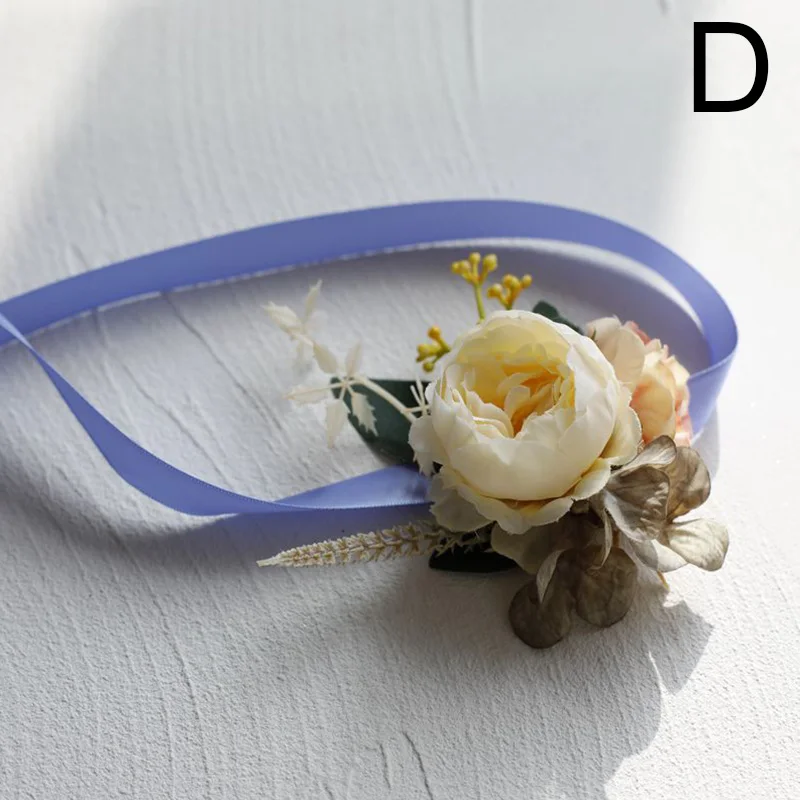 1Pc Girls Bridesmaid Wrist Corsage Artificial Silk Rose Ribbon Bracelet Fabric Hand Flowers Wedding Boutonniere Party Supplies