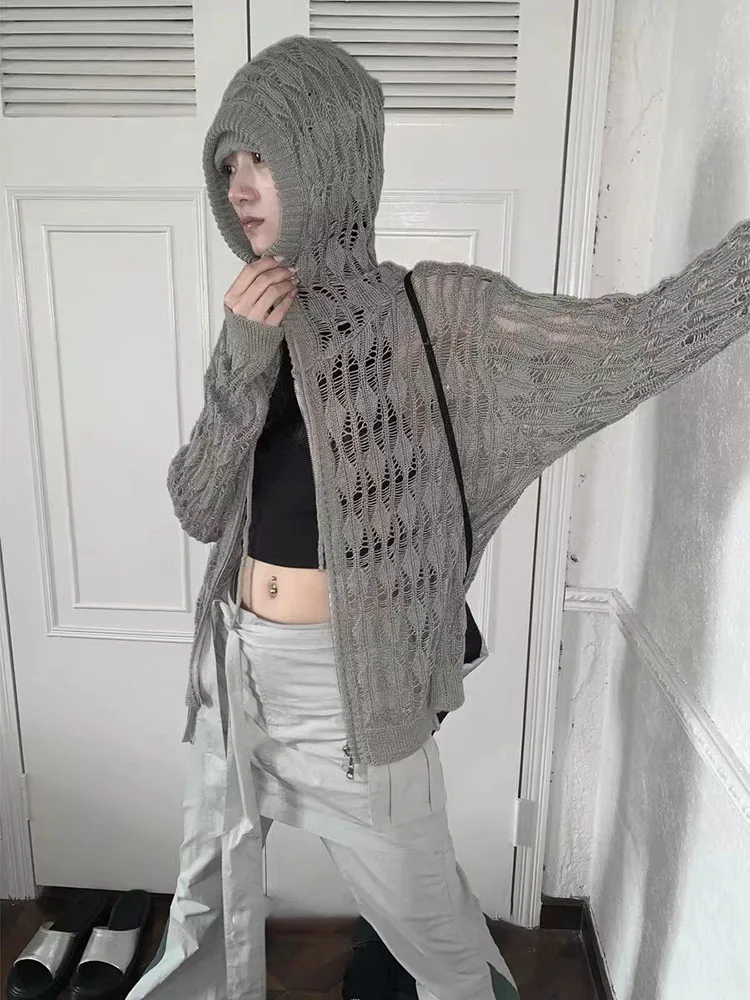 

Женский вязаный кардиган с капюшоном, винтажный ажурный кардиган серого цвета с длинным рукавом, куртка на молнии в Корейском стиле, уличная одежда, Y2k