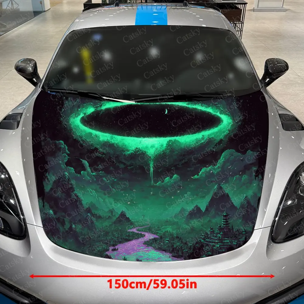 Fantasy Realm Cyan Ring Car Vinyl Wrap, PVC Waterproof Car Hood Sticker, Self-Adhesive Scratch-Resistant Stickers